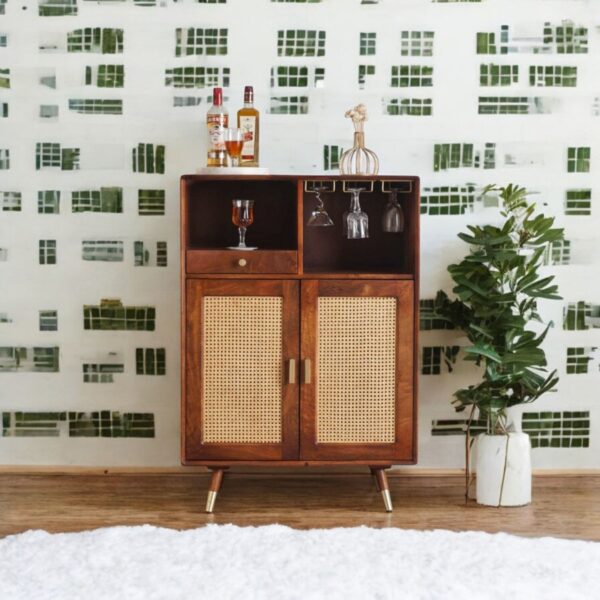 Boston Solid Wood Rattan Cane Bar Cabinet with Glass Holder Storage for Home