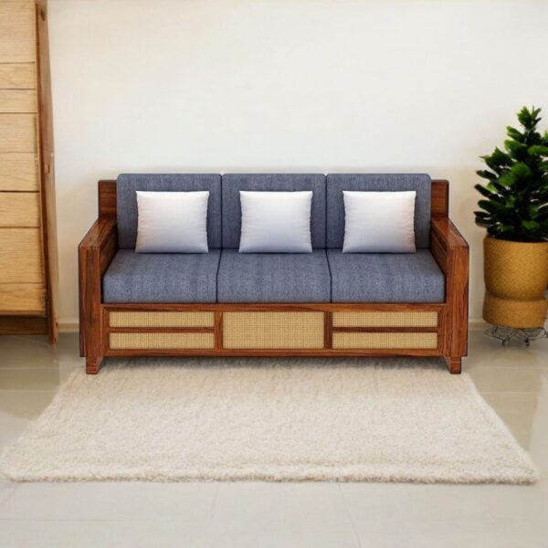 3 Seater Sofa With Side Pocket for Home/Living Room/Office | Cane Design Wooden Sofa Set