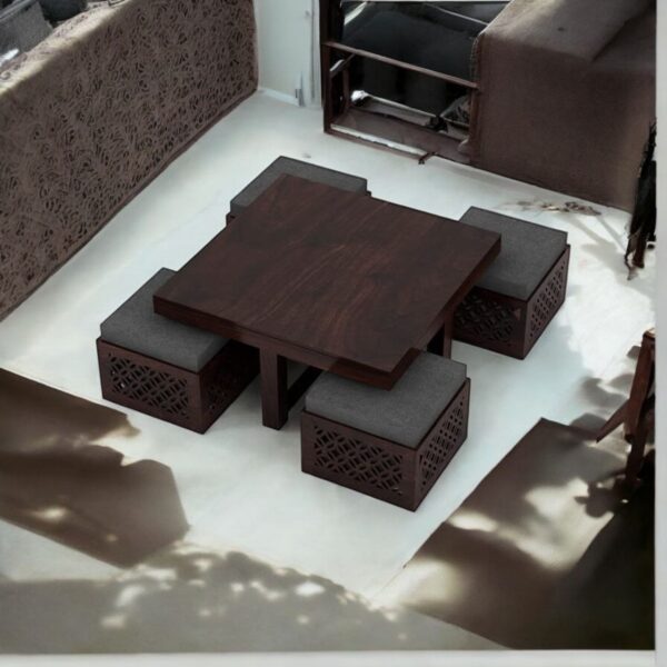 Coffee Table With Stools In CNC Design For Home/Office Solid Wood