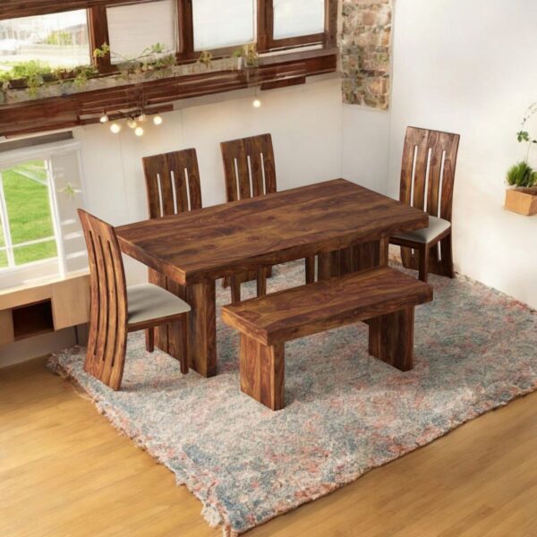 Premium Dining Room Furniture Wooden Dining Table with 4 Chairs & 1 Bench Solid Wood 6 Seater Dining Set